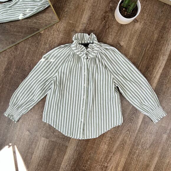 Veronica Beard Calisto Seersucker Striped Shirt Dark Sage & White - Picture 2 of 7